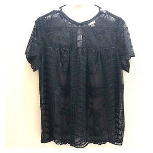 Black sheer lace embroidered top